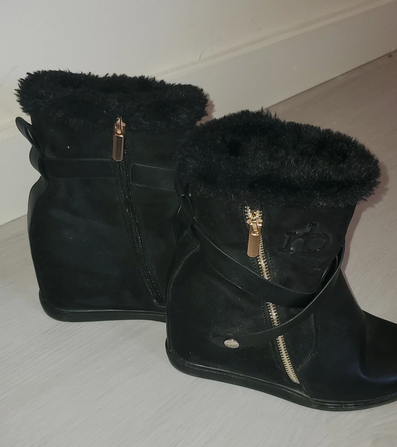 R&B Black Wedge Ankle Boots with Fur Trim - photo 2