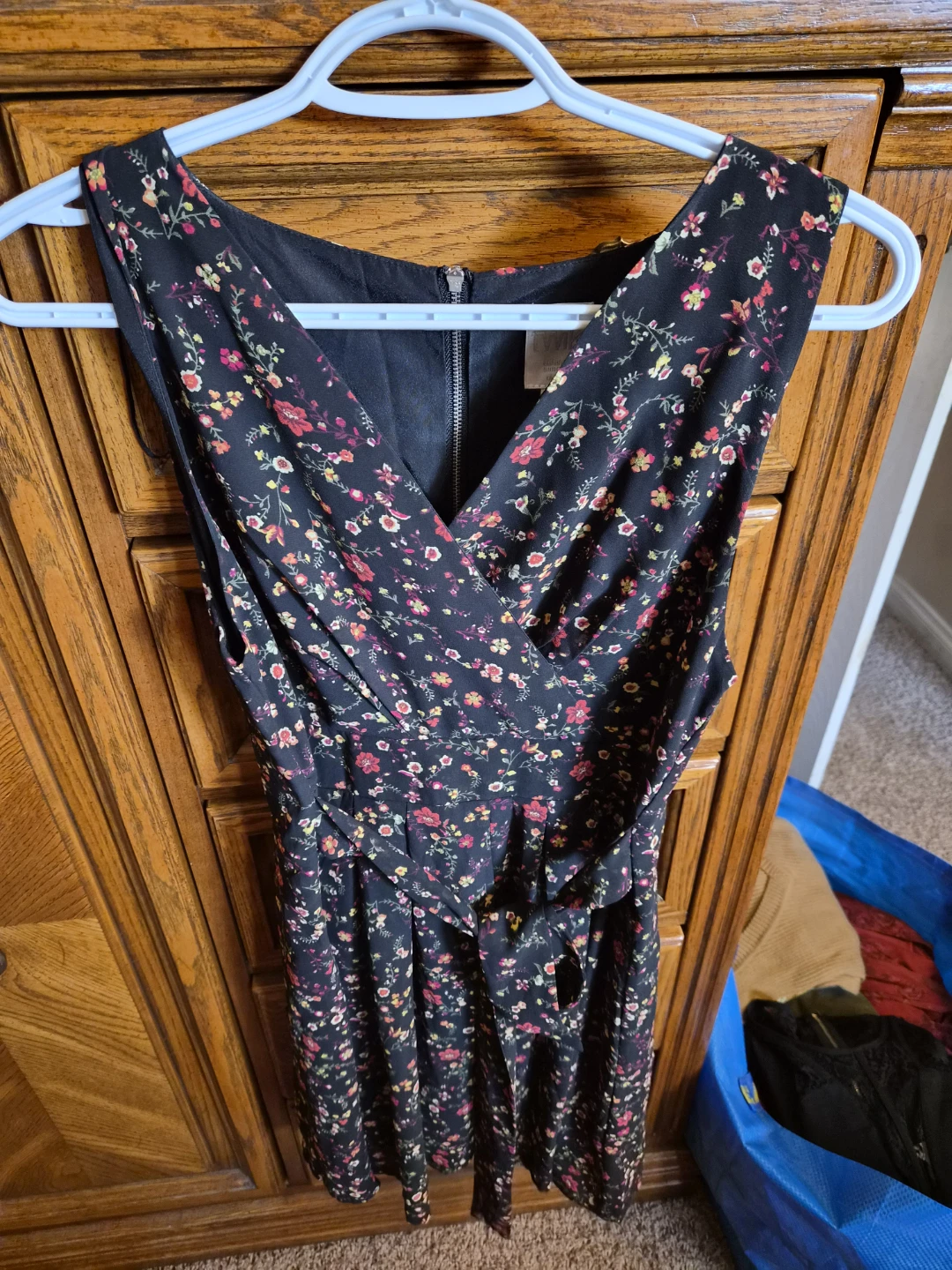 Black Floral Print Sleeveless Wrap Dress