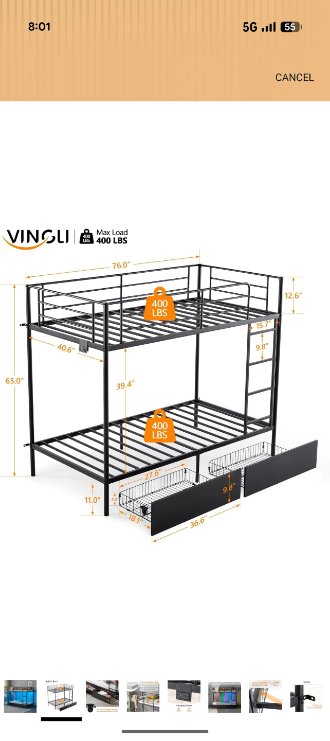 Black Metal Twin Over Twin Bunk Bed - photo 2