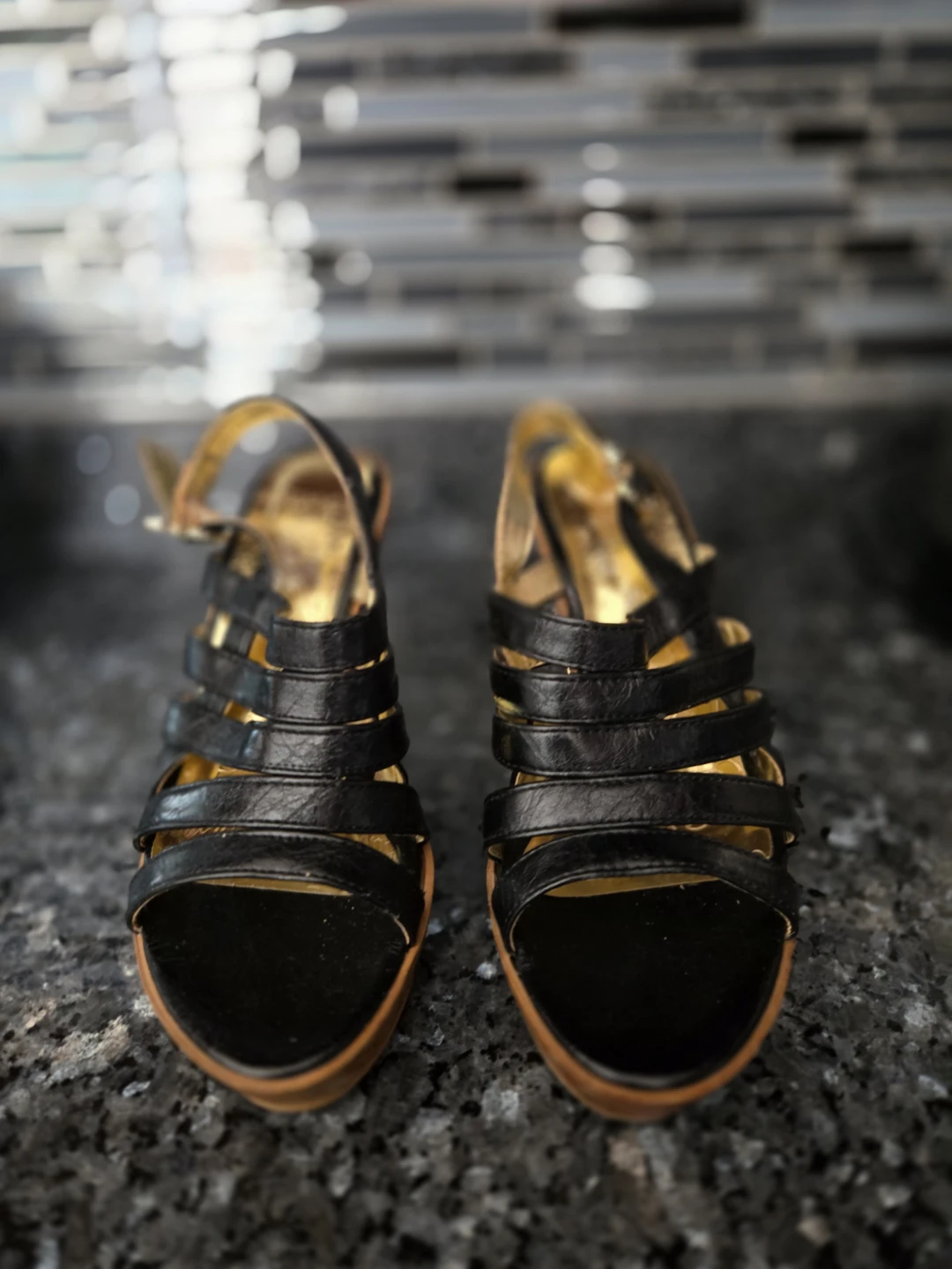 Black Wedge Sandals with Apple Detail Size 6