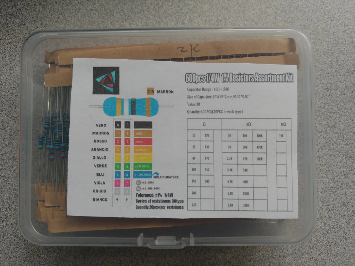 600pcs 1/4W 1% Resistors Assortment Kit 10Ω-1MΩ