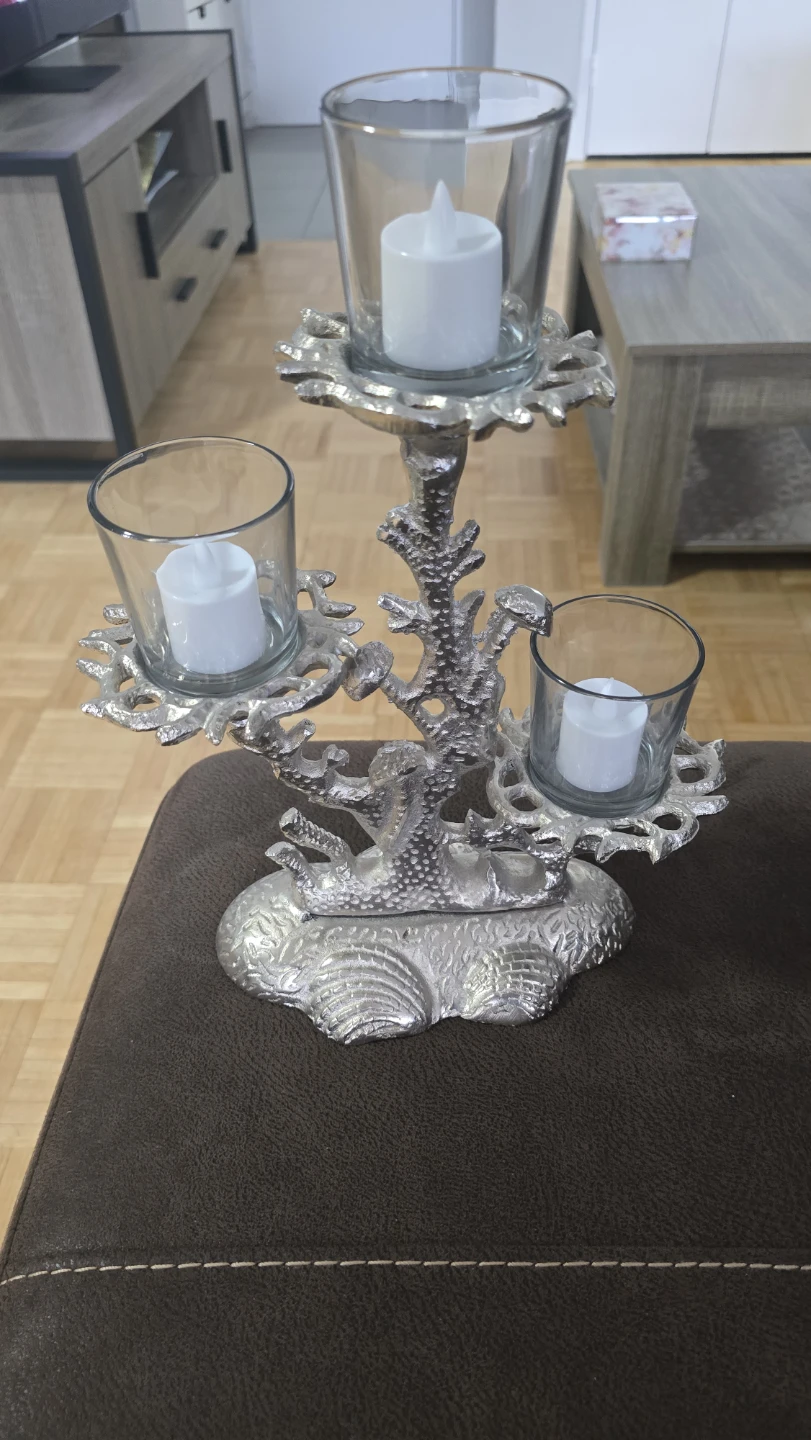 Silver 3-Arm Candlestick Holder with Glass Cups - photo 2