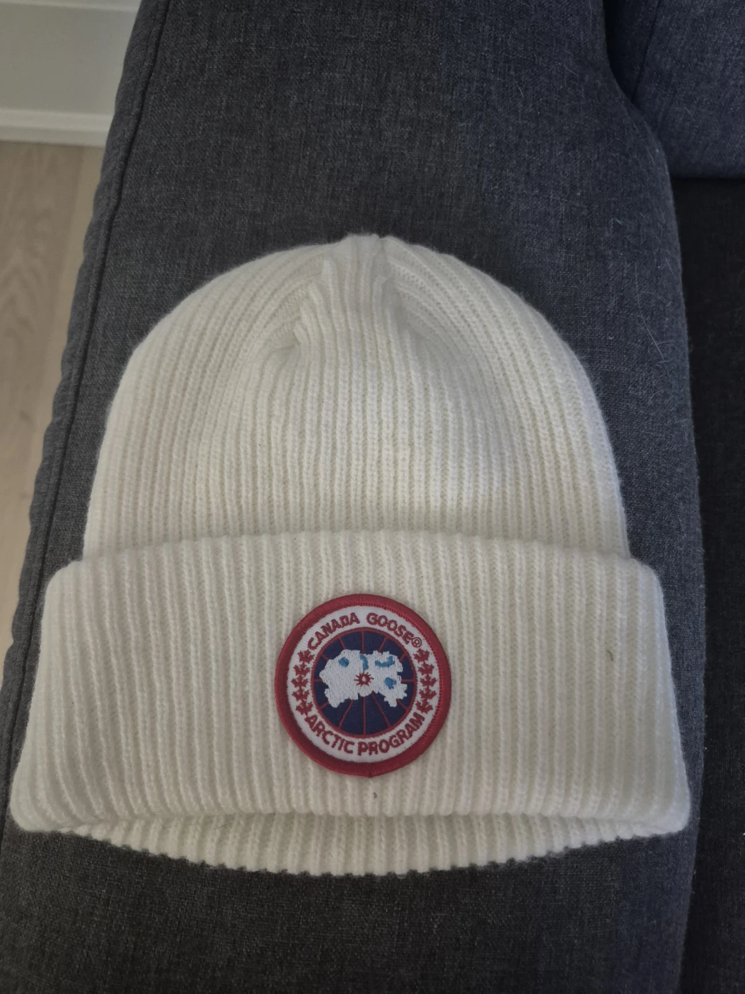 Canada Goose White Ribbed Beanie Hat