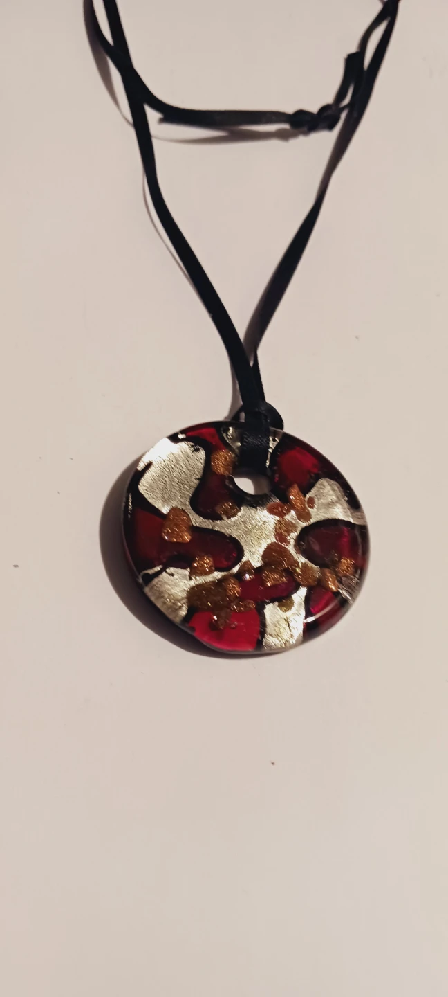 One of a Kind Art Glass Red & Silver Swirl Pendant Necklace