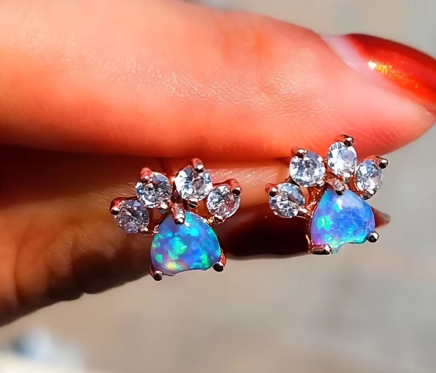 Synthetic Blue Gem Stud Earrings with Synthetic Diamond Pet Paw - photo 4