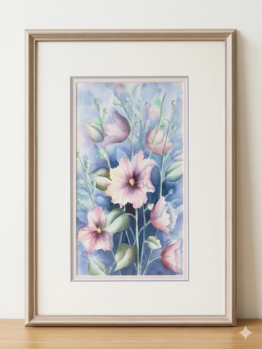Framed Watercolour Painting of Pink Hollyhocks by Louise Jackson