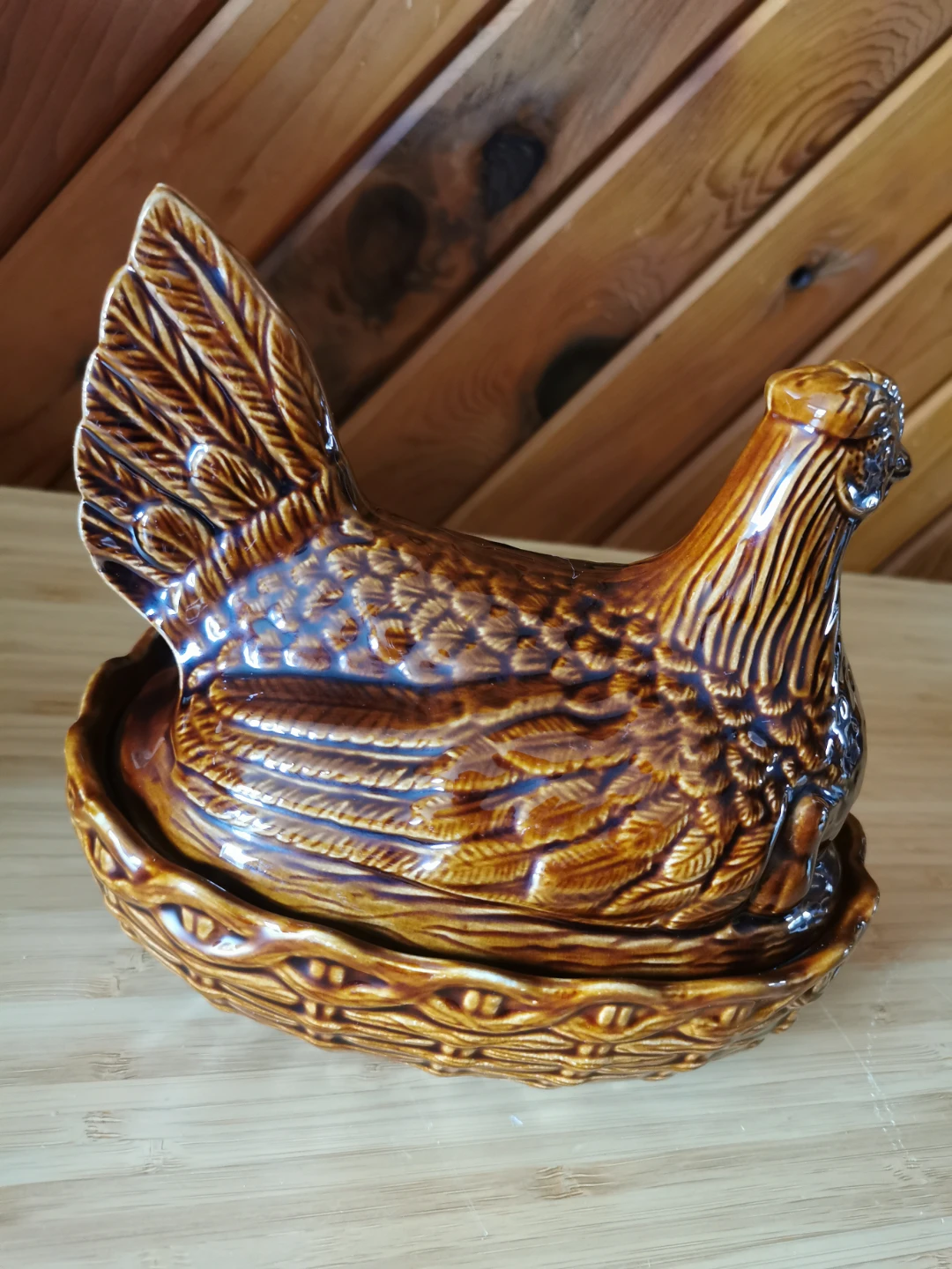 Vintage Brown Glazed Pottery Hen on Nest Covered Dish - photo 3