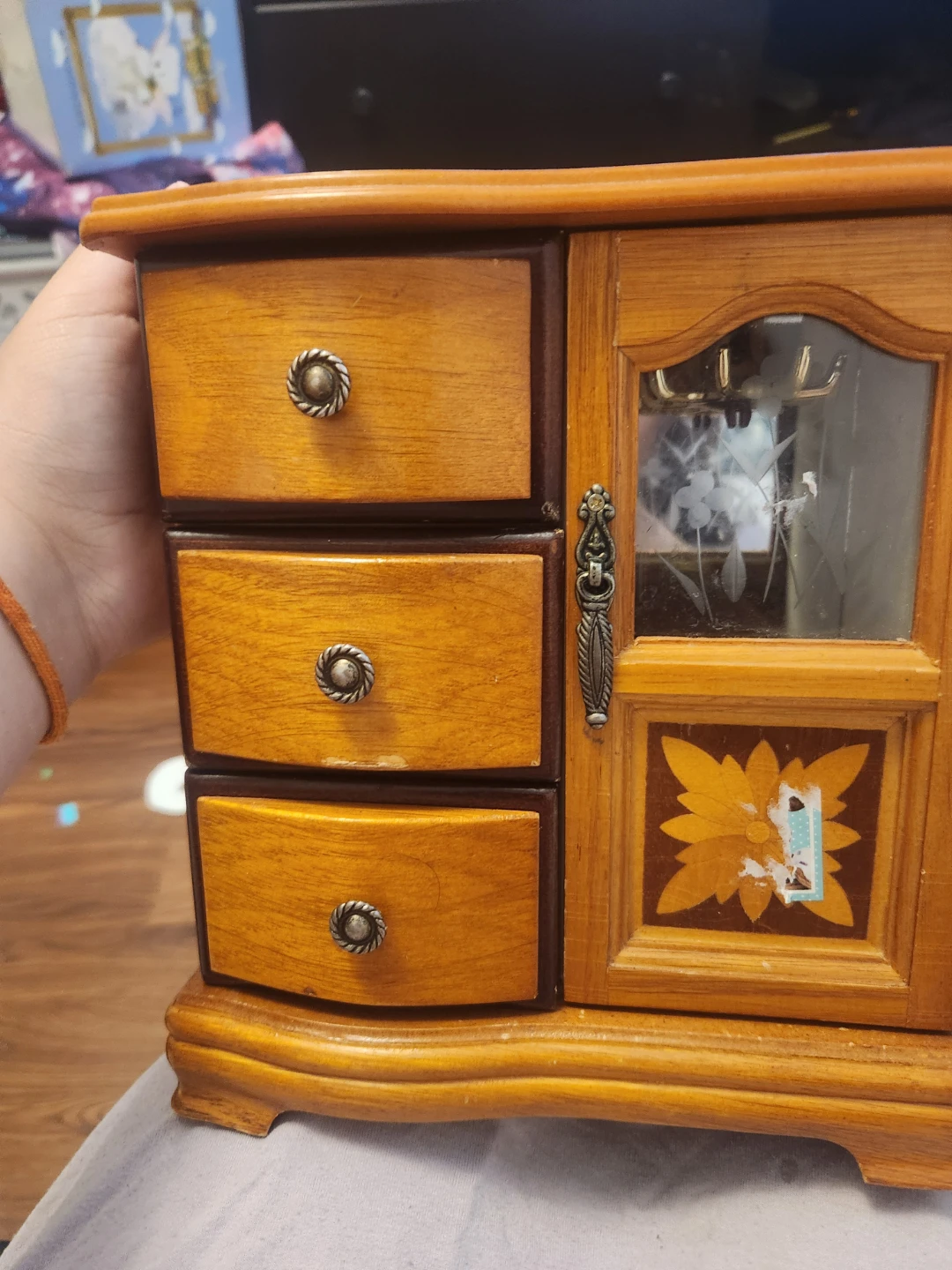 Wooden Jewelry Box with Drawers and Mirrored Door