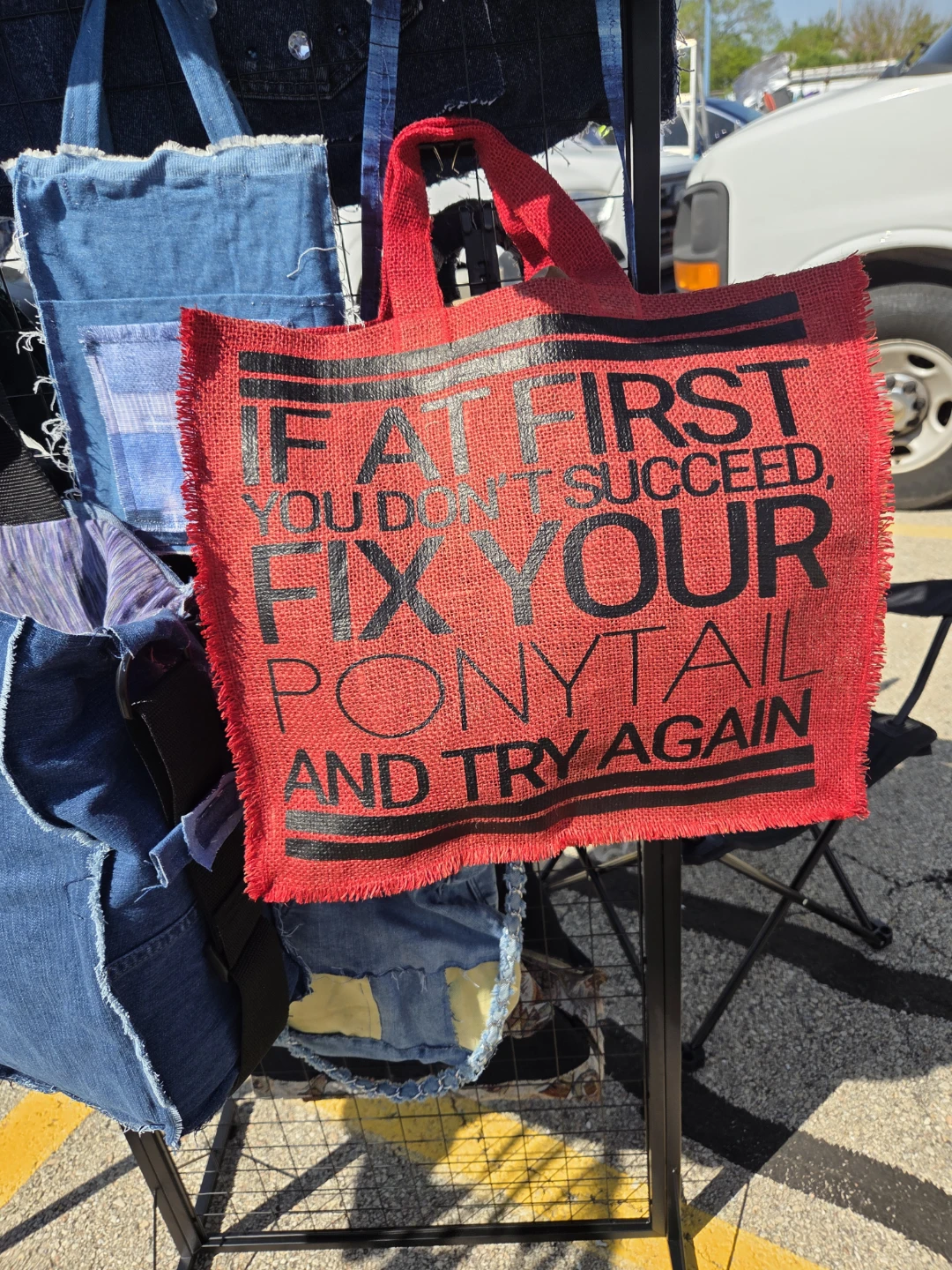 Red Jute Tote Bag with "Fix Your Ponytail" Quote