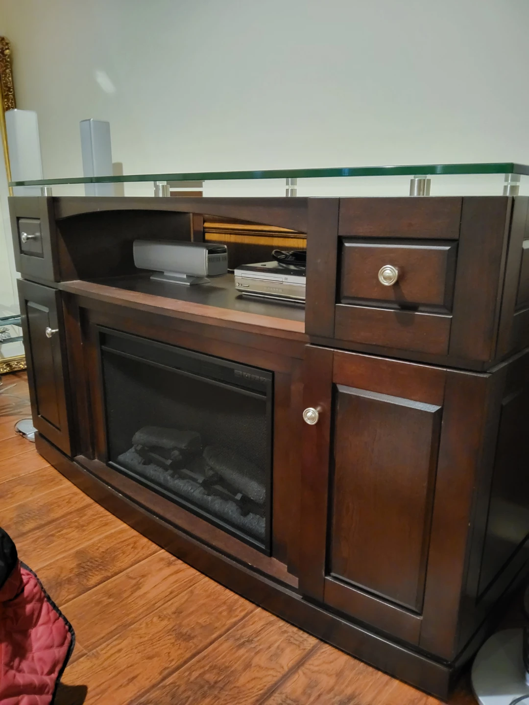 Dark Wood Media Console with Electric Fireplace and Glass Top - photo 2