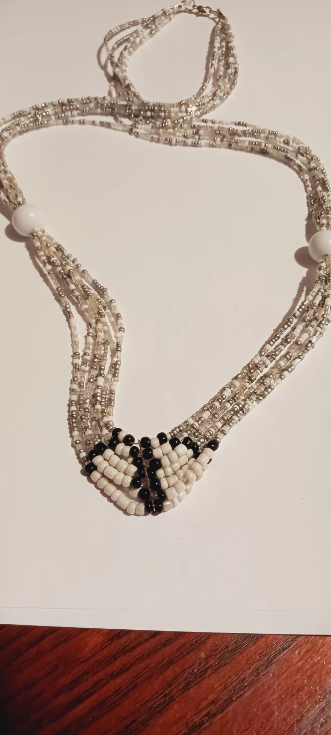 Multi-strand long beaded necklace - Black, White & Silver - photo 2