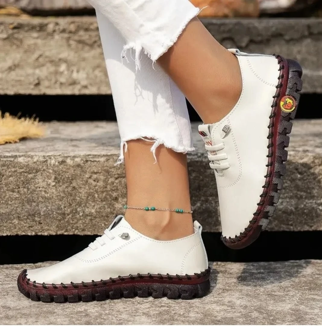 White Leather Moccasin Flats Women's Shoes Size 43