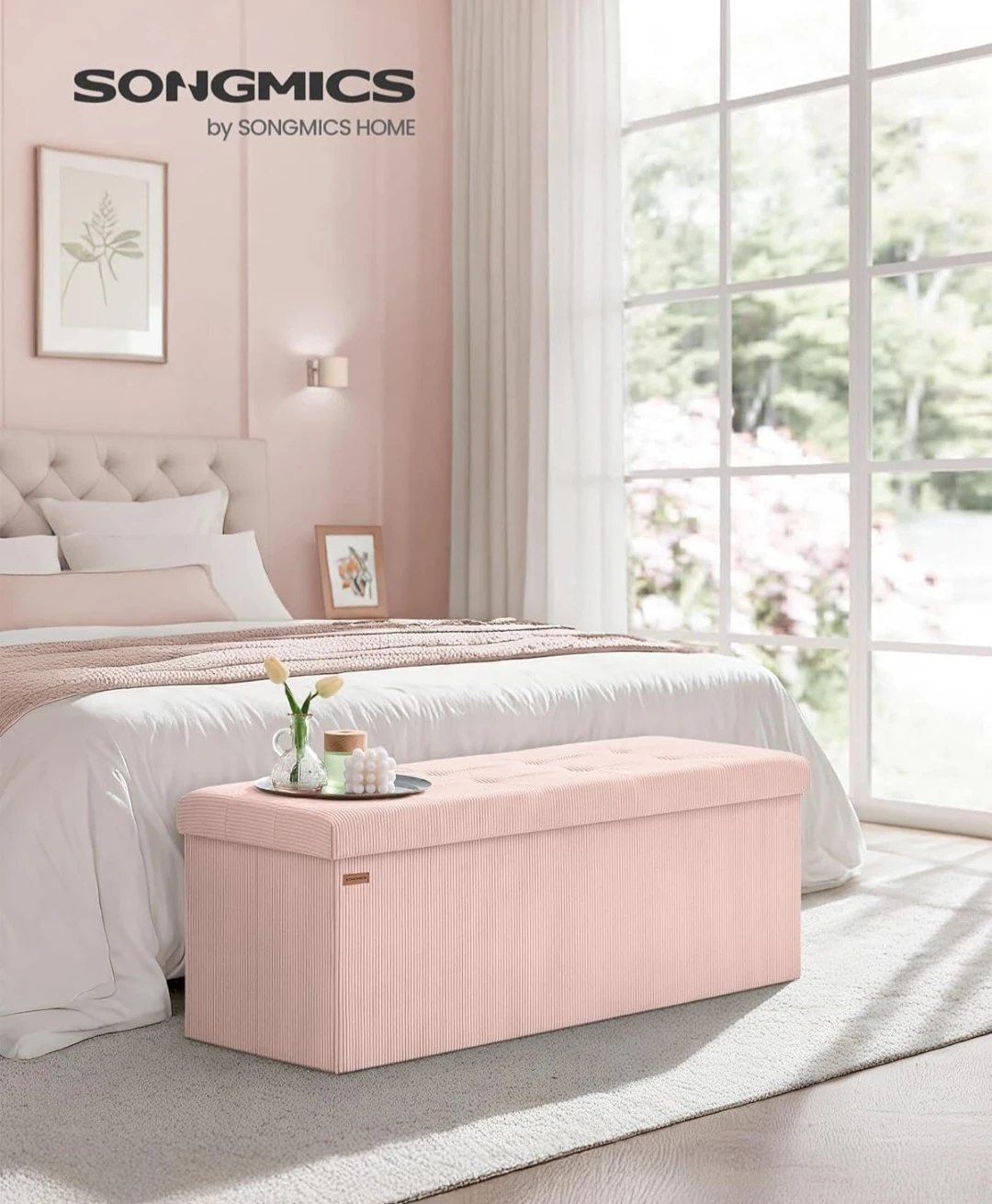 SONGMICS Pink Corduroy Storage Bench with Baskets - photo 2