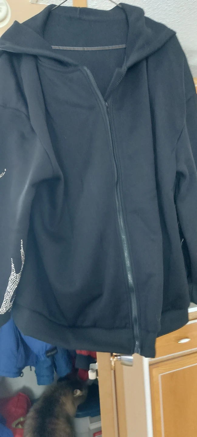 Black Full Zip Hoodie with Rhinestone Flames