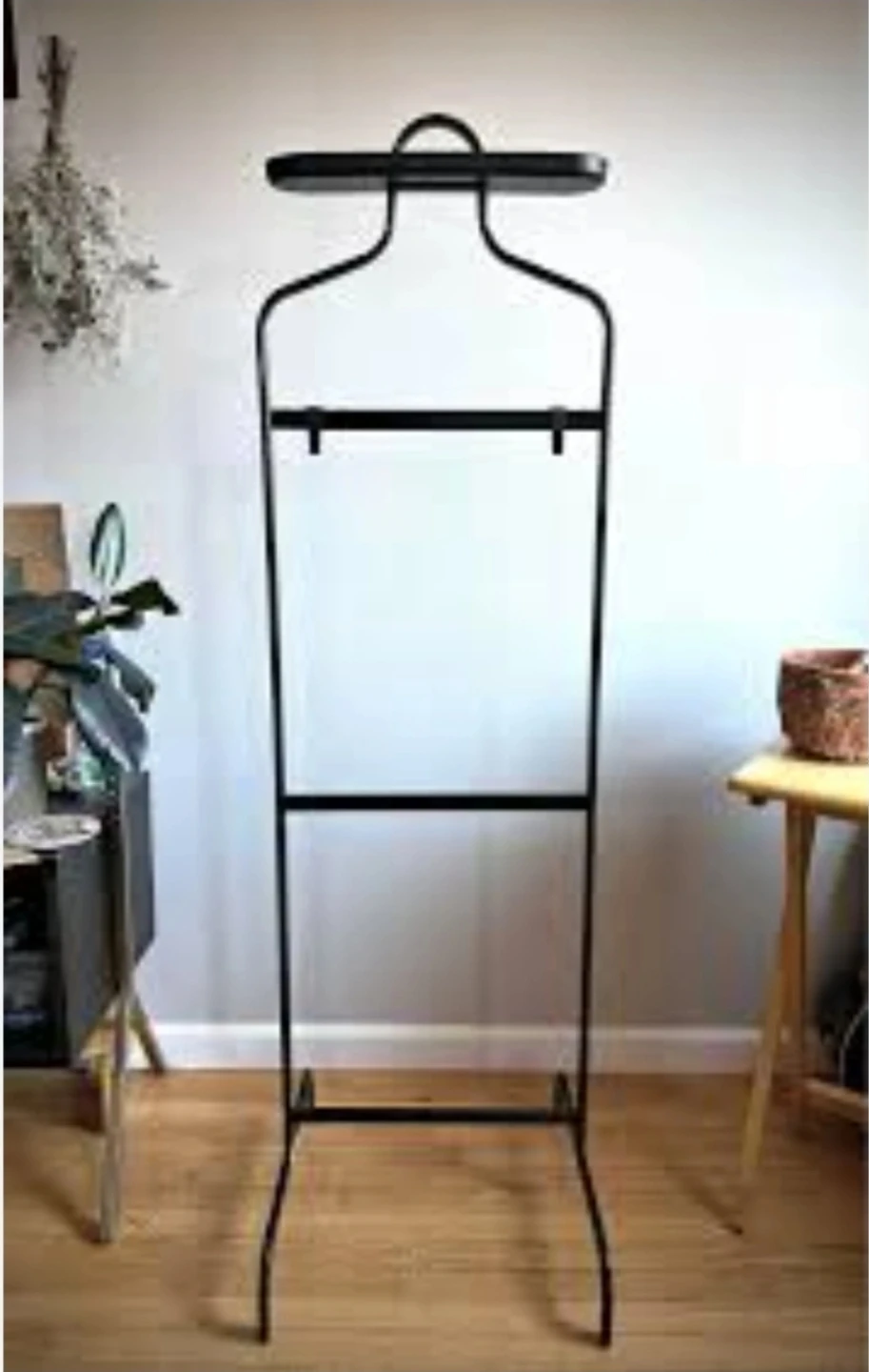Black metal valet stand (clothes rack) with tray and hooks