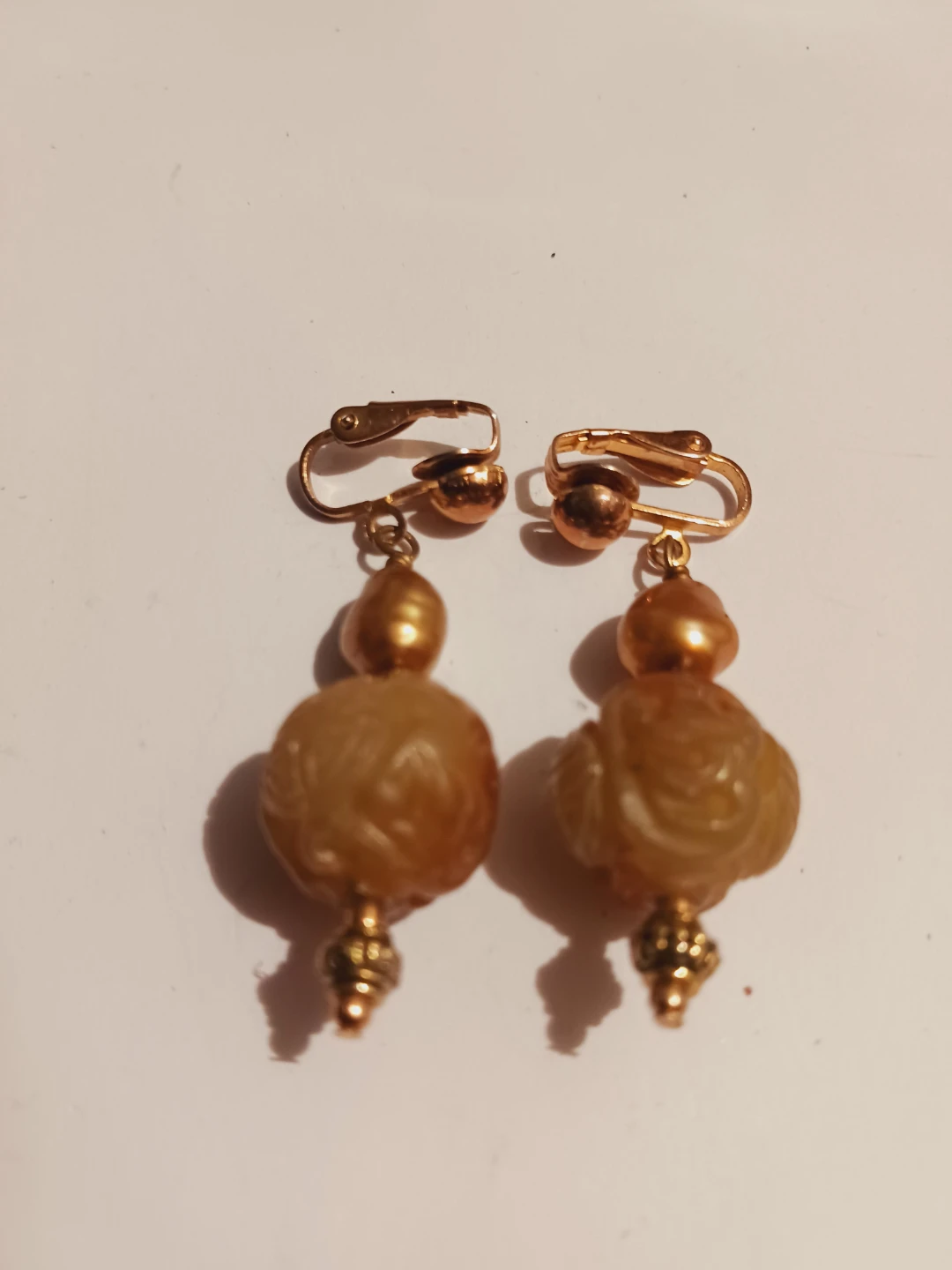 Gold Tone Clip-On Earrings with Carved Beads - photo 3