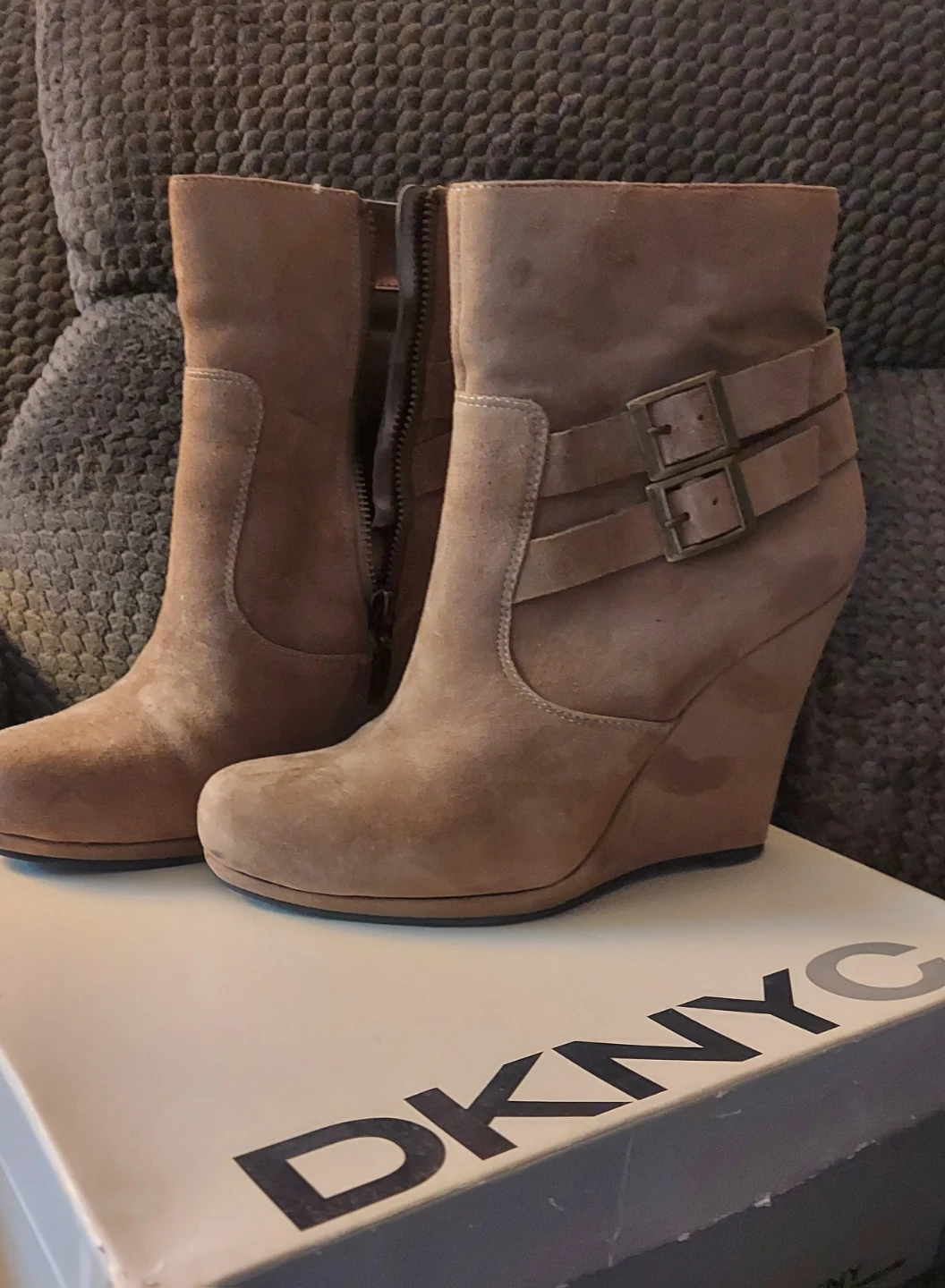 DKNY Suede Wedge Ankle Boots with Buckle Detail - Taupe - photo 5