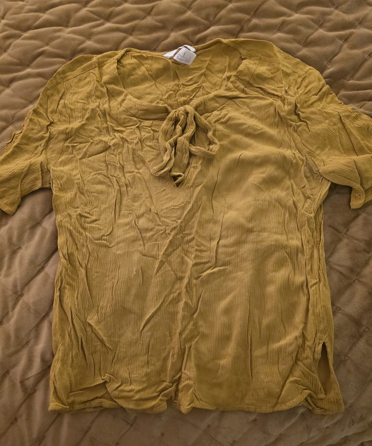 Mustard Yellow Crinkle Tie-Neck Blouse