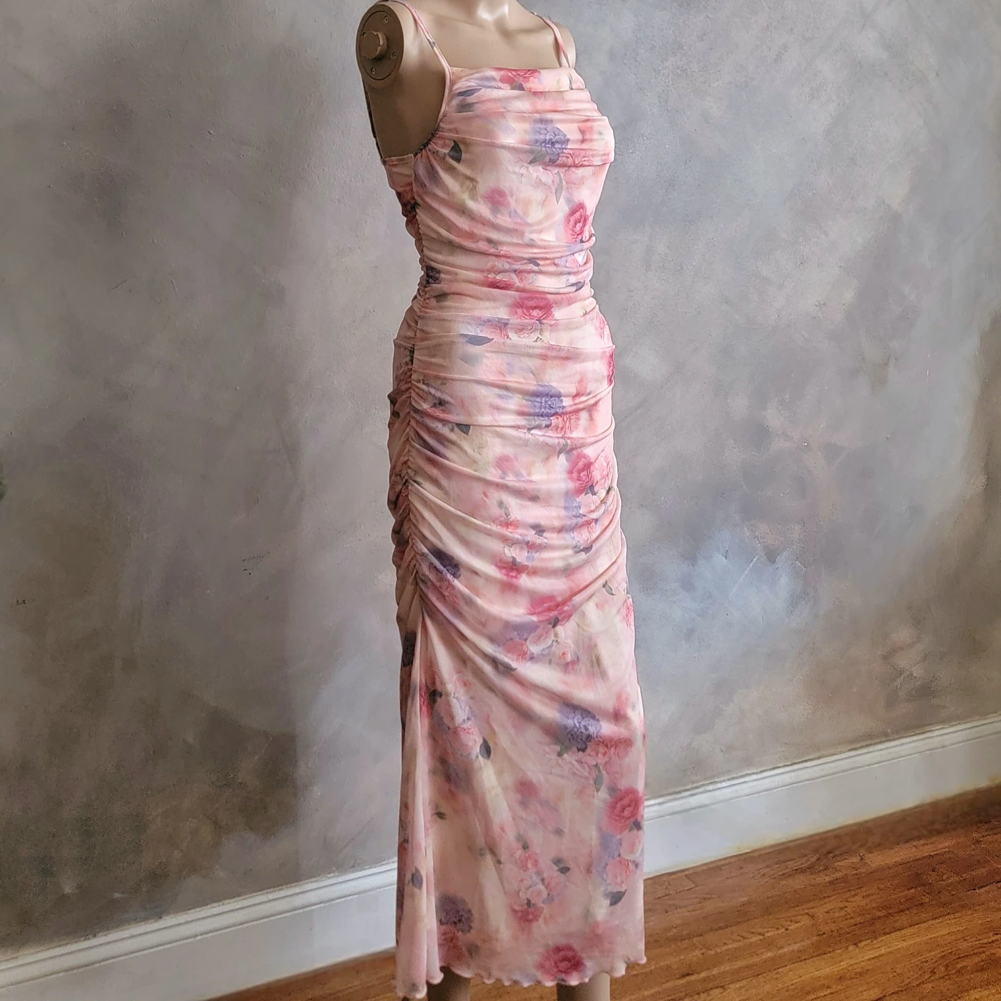 Pink Floral Ruched Mesh Maxi Dress - photo 3
