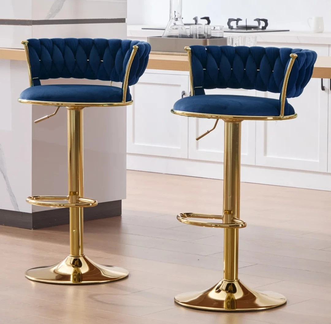 4 Blue Velvet Bar Stools with Gold Base
