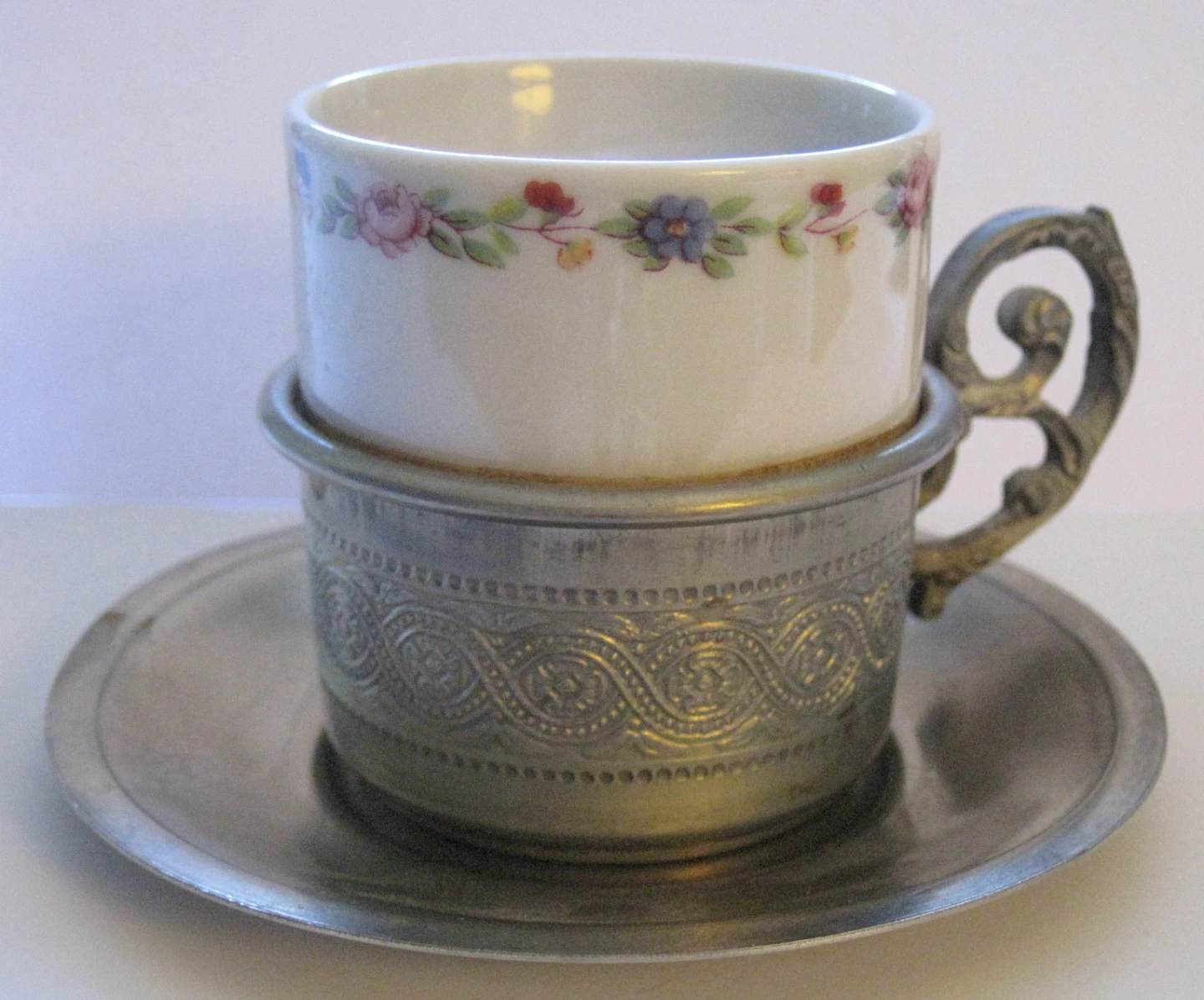 Antique Floral Espresso Cup with Pewter Holder