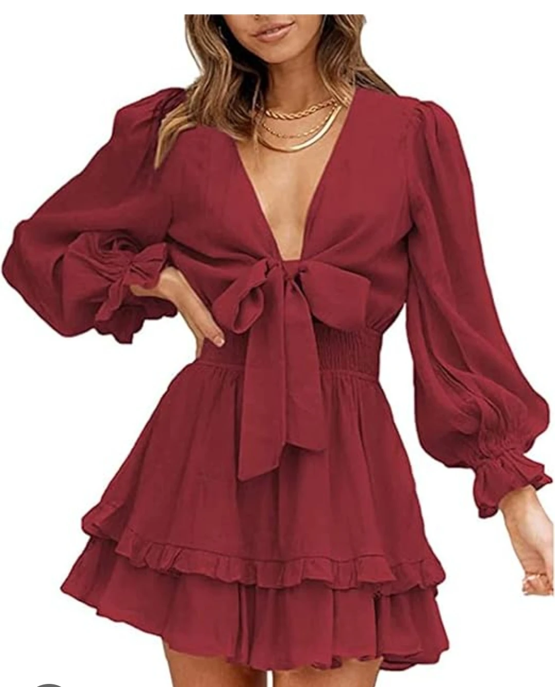 Women's Red Long Sleeve Tie-Front Ruffle Dress