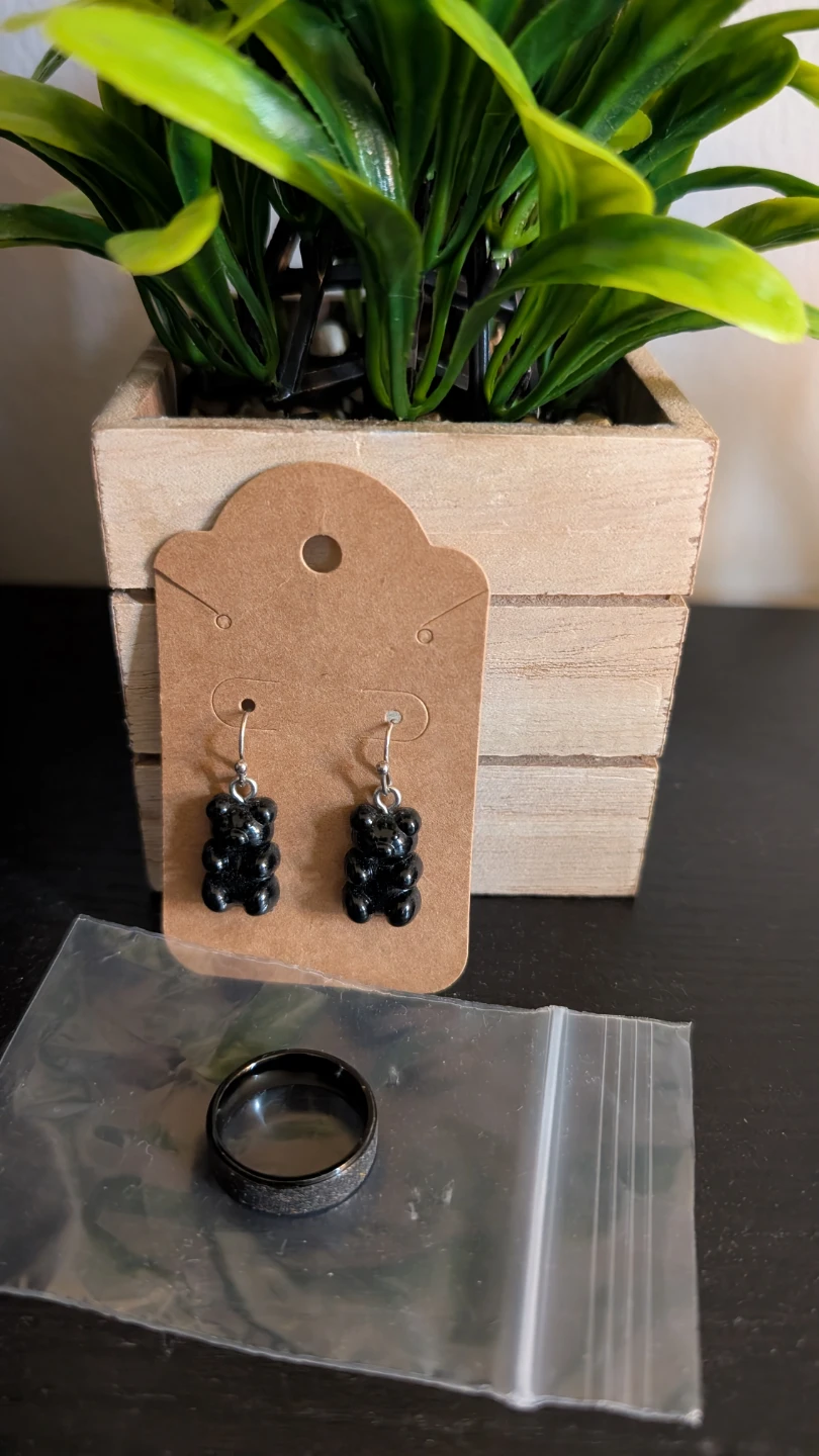 Black Gummy Bear Earrings and Ring (size 8)