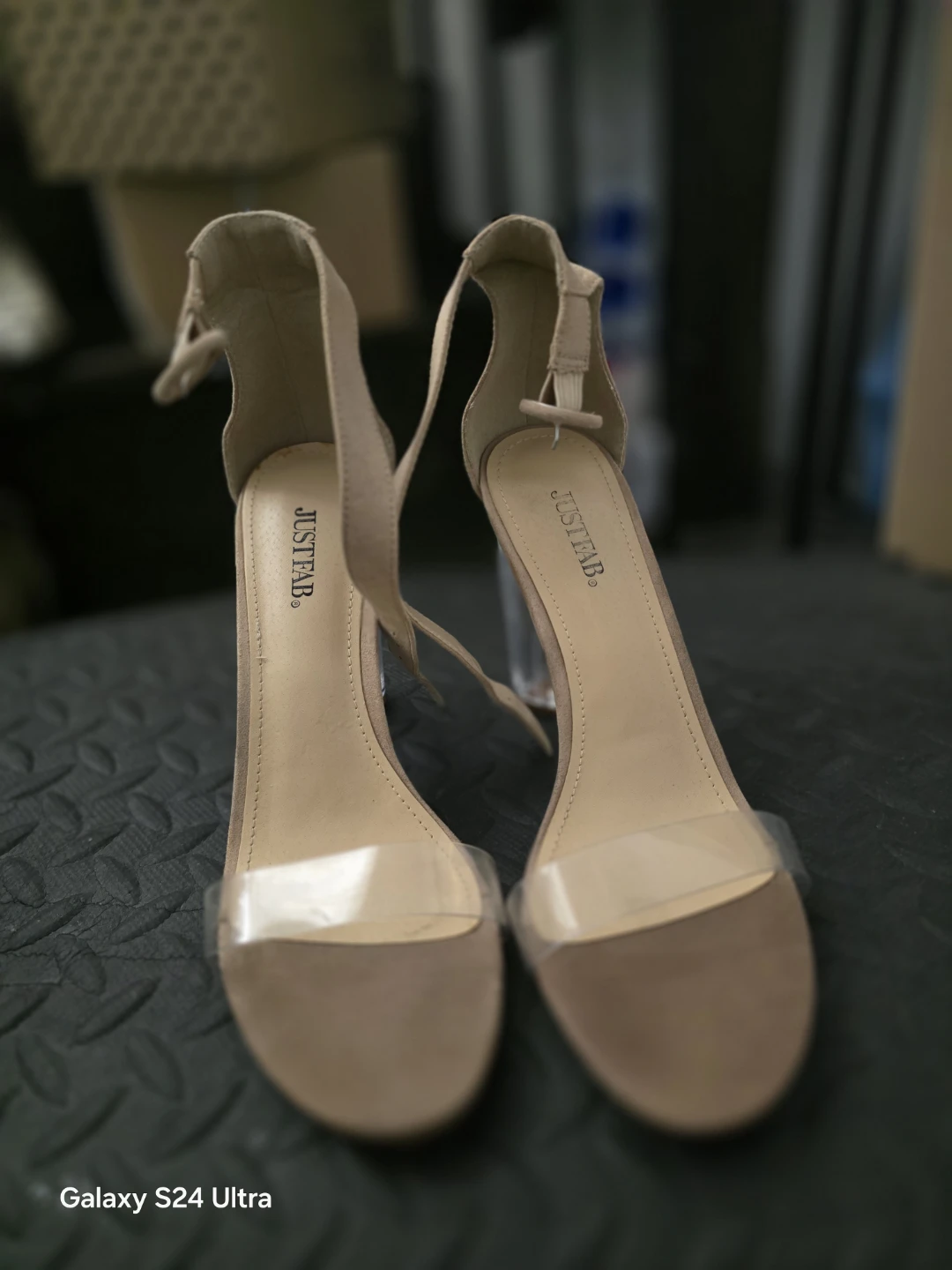 JustFab Nude Suede Clear Block Heel Sandals