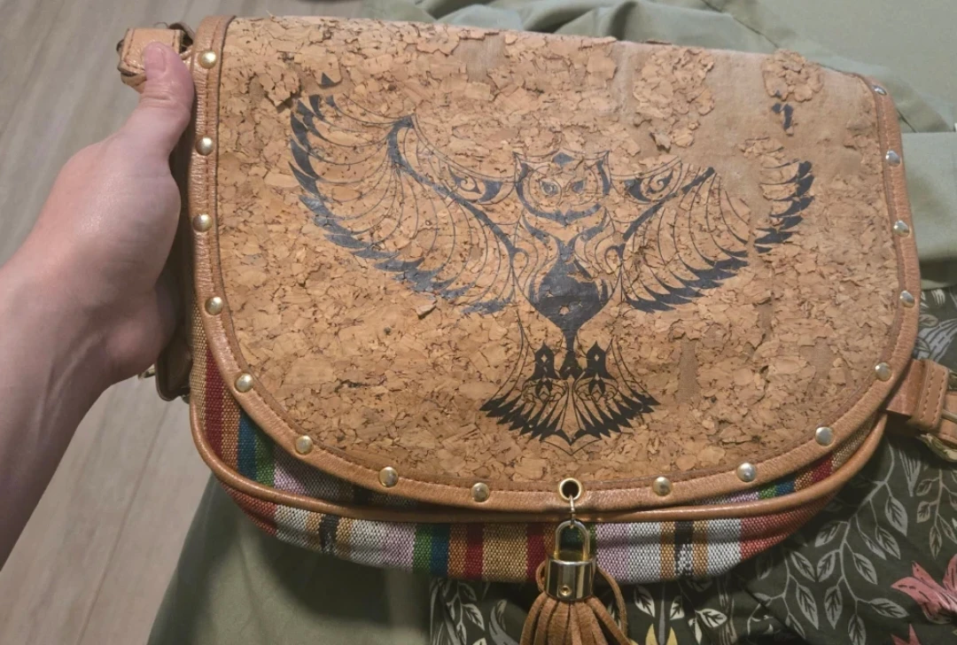 Colorful Striped Crossbody Bag with Cork Owl Design