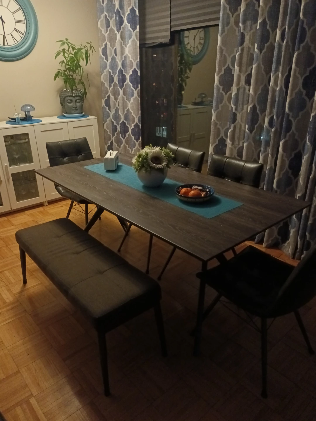 Grey dining room table and chairs and bench