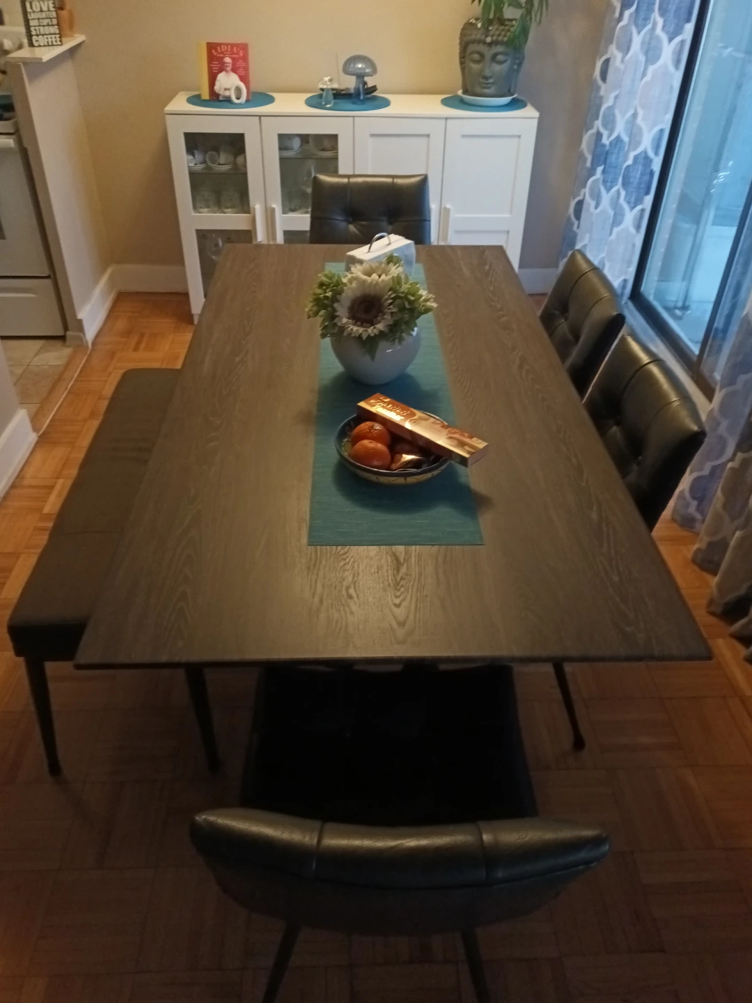 Grey dining room table and chairs and bench - photo 2