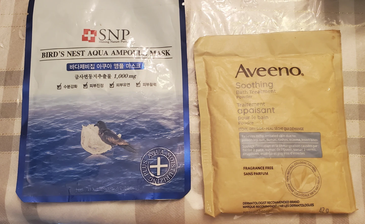 SNP Bird's Nest Aqua Ampoule Mask & Aveeno Bath Treatment Powder