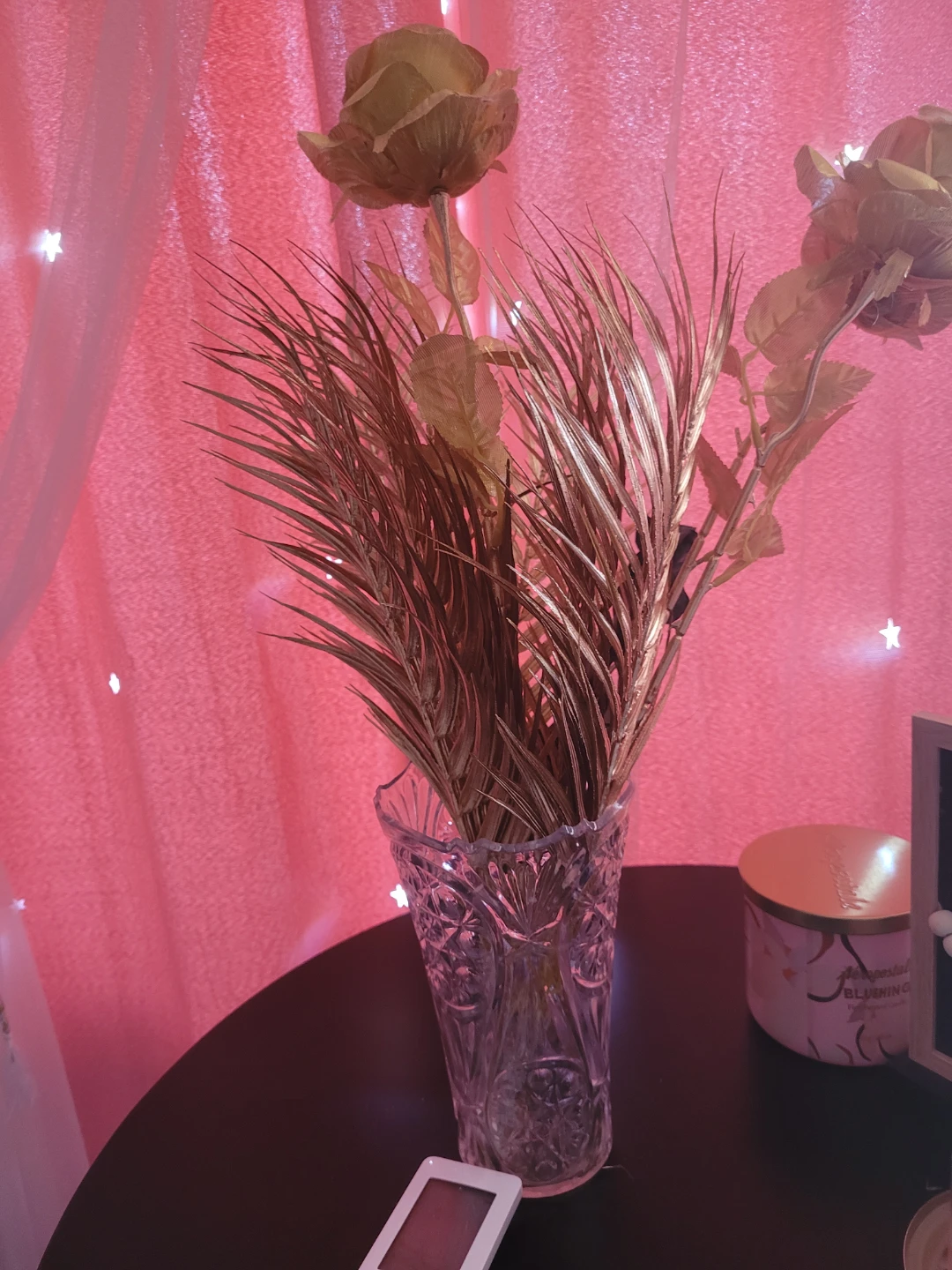 Decorative Faux Flowers and Greenery in Glass Vase