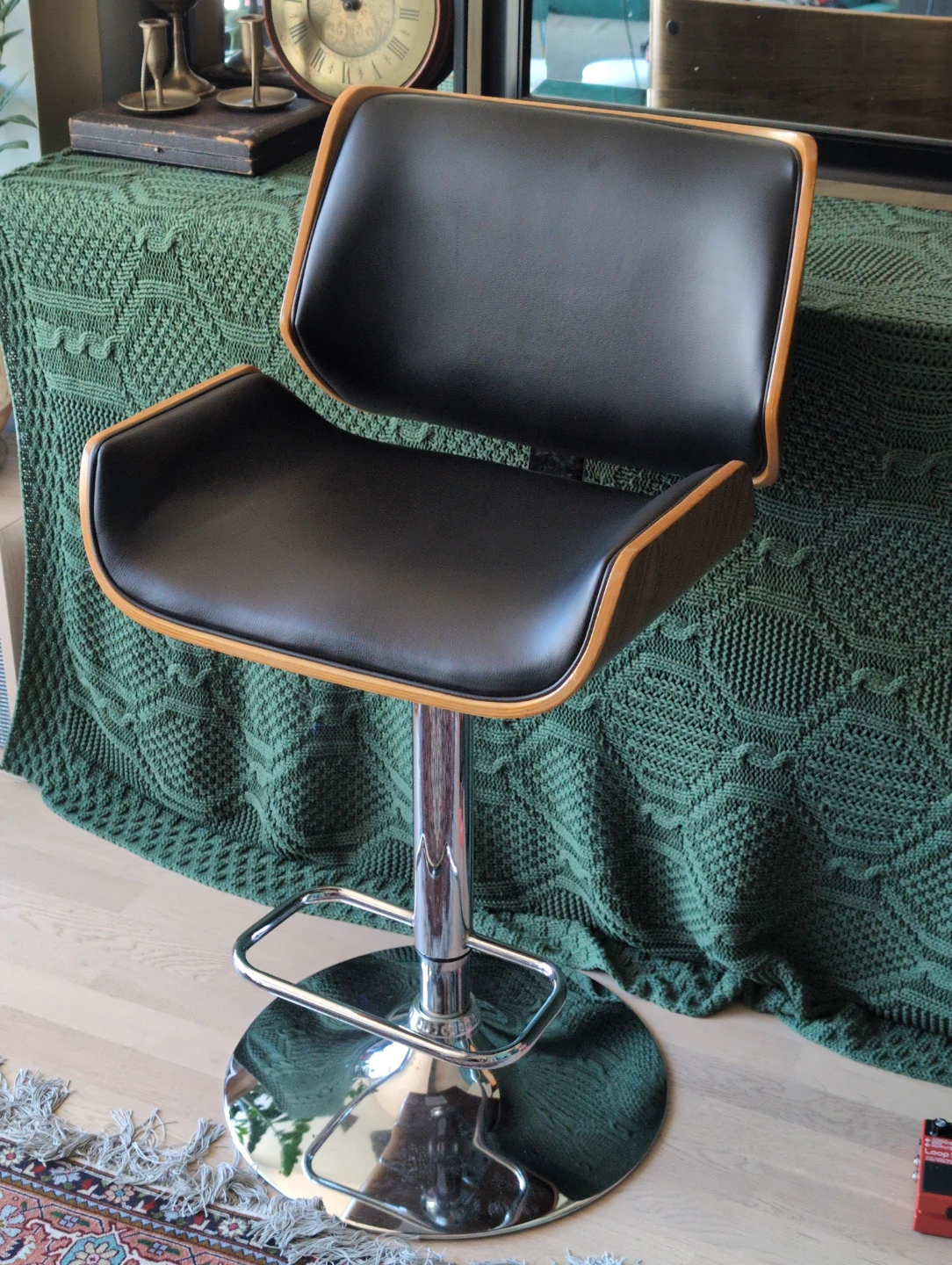 Black Faux Leather and Wood Swivel Bar Stool