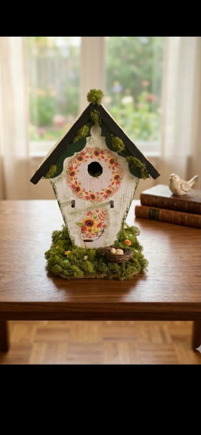 Decorative Birdhouse with Sunflowers and Moss