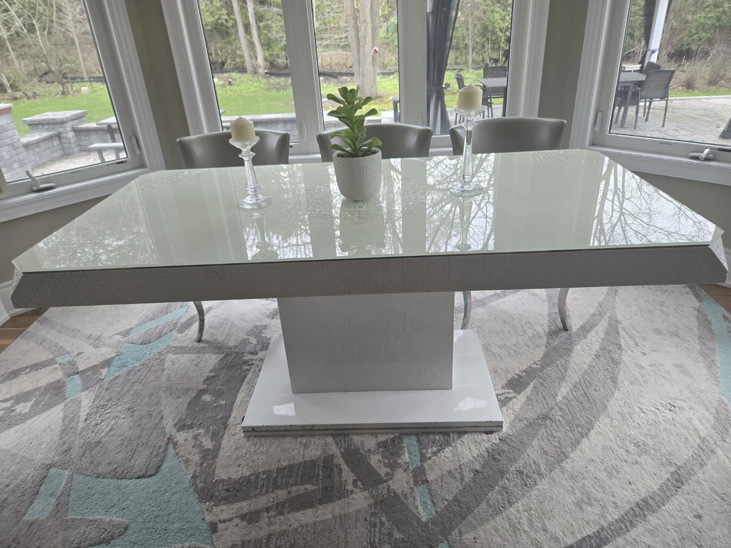 Modern White Dining Table with Glass Top