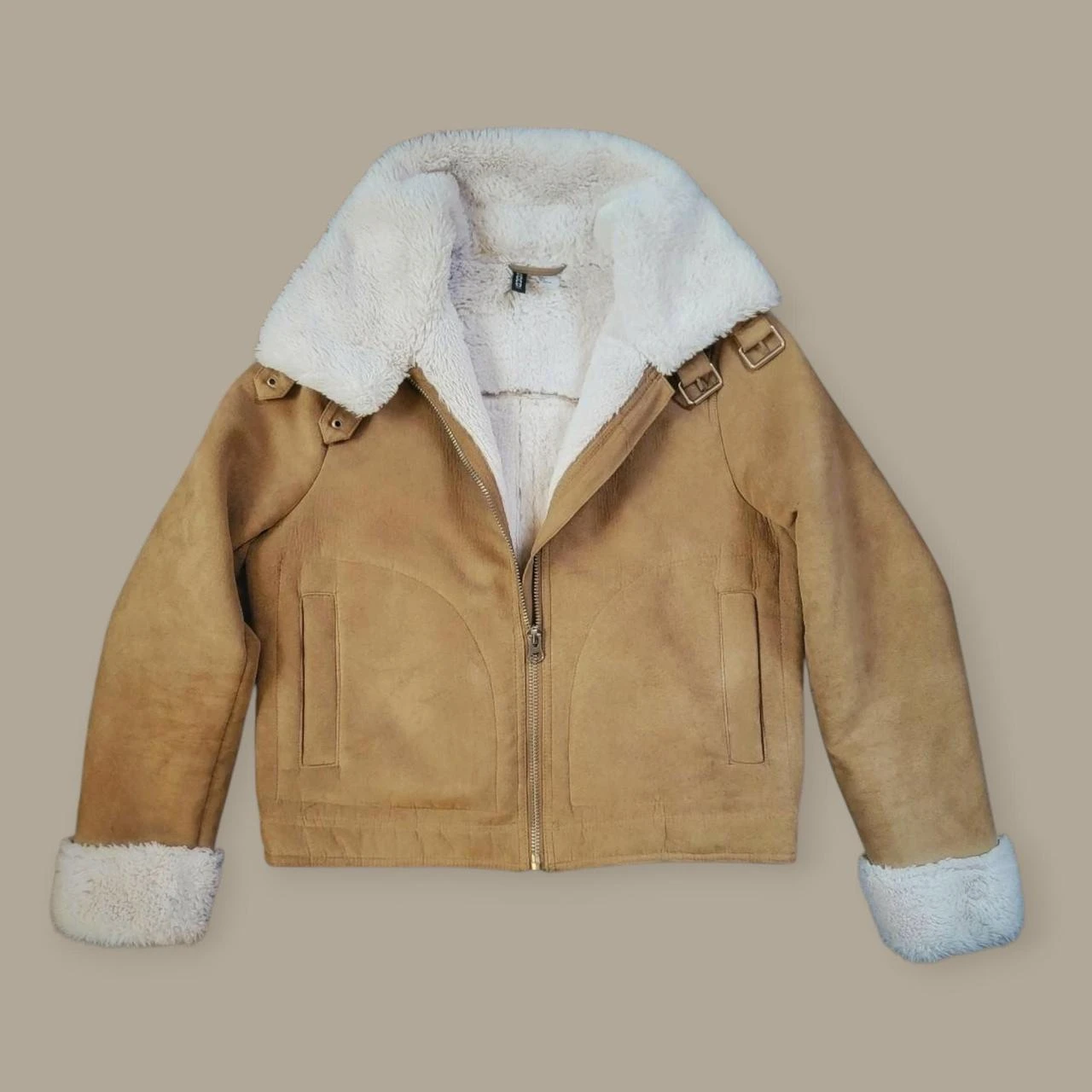 Tan Suede Sherpa Lined Jacket with Collar