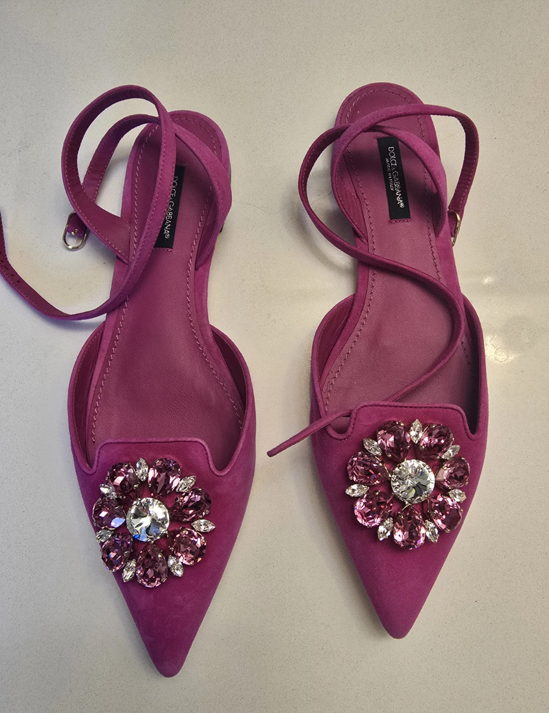 Dolce & Gabbana Pink Suede Embellished Pointed Flats