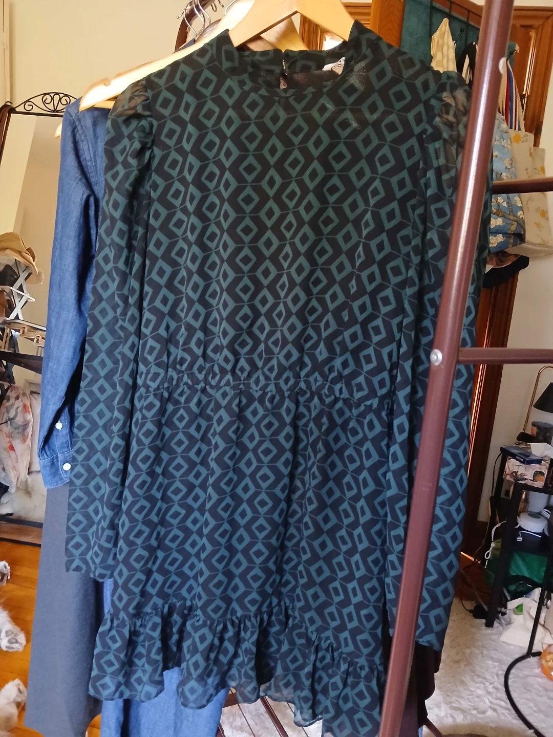 ZARA Women's Patterned Long Sleeve Ruffle Dress