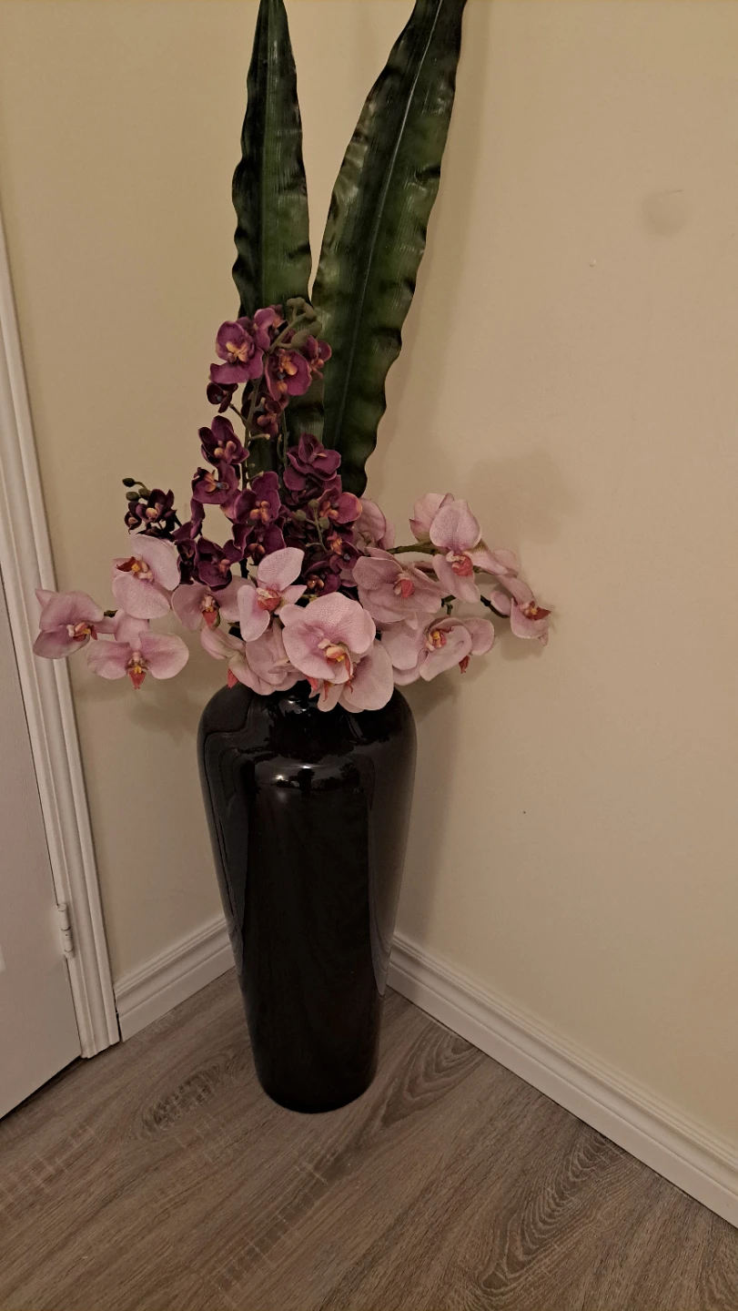 Large Black  Ceramic Floor Vase with Artificial Flowers
