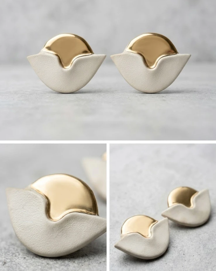 White & Gold Ceramic Abstract Earrings