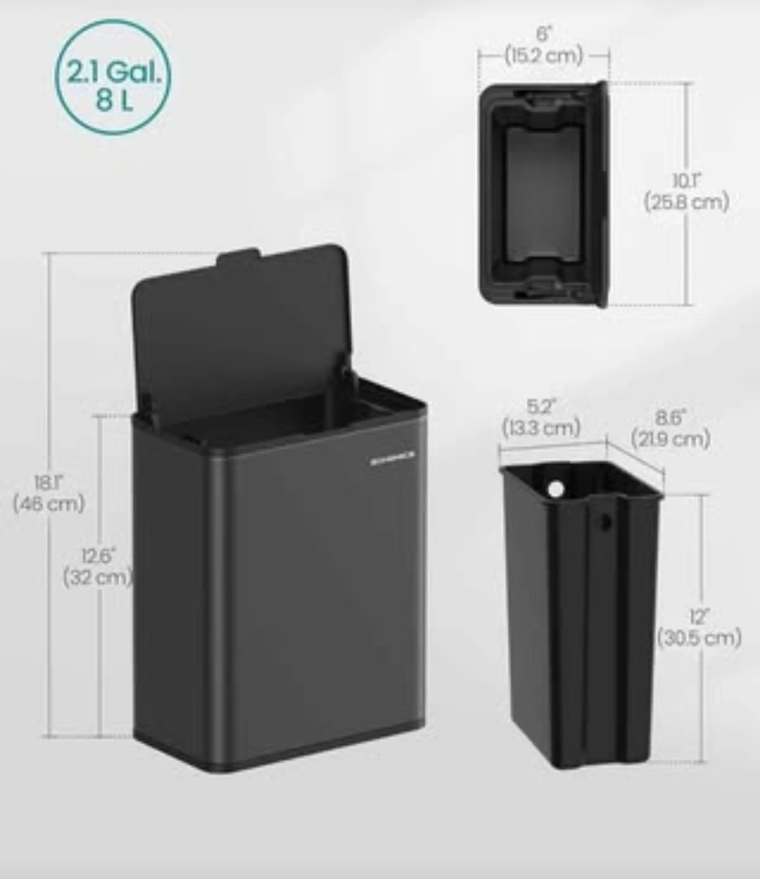 SONGMICS Black Trash Can with Lid (8L) - photo 2