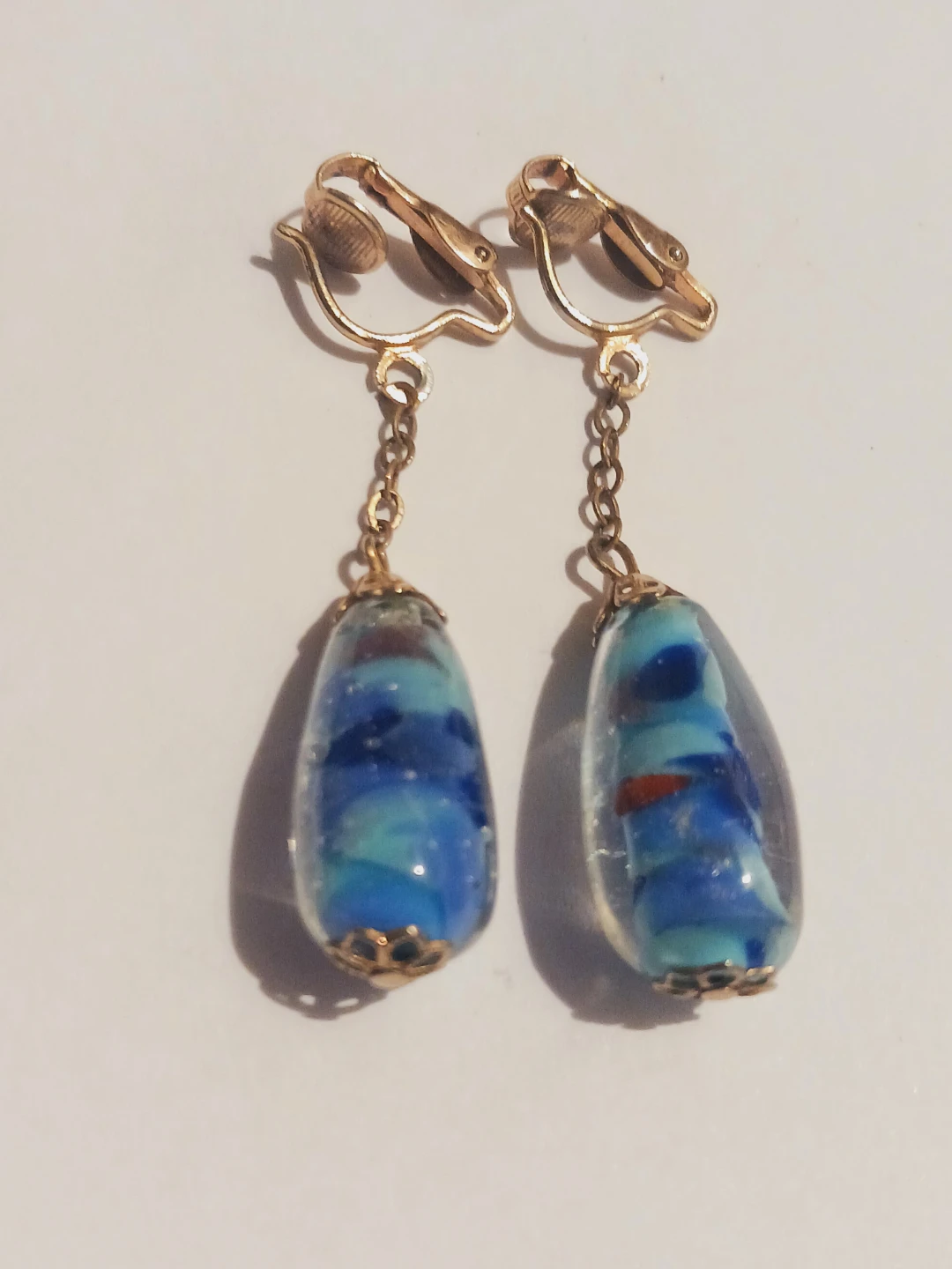 Vintage Blue Glass Teardrop Dangle Clip-On Earrings - photo 2
