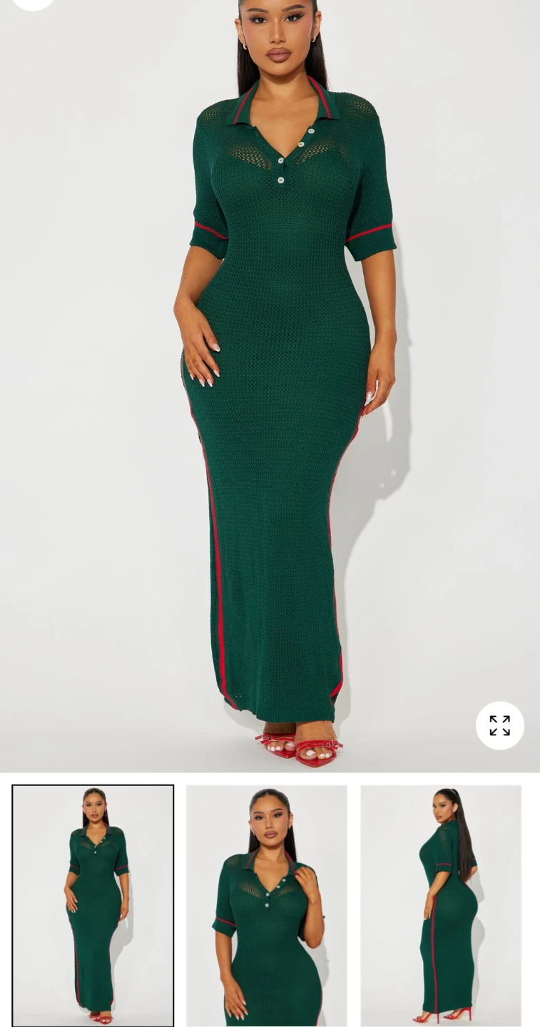 Green Knit Polo Maxi Dress with Red Trim