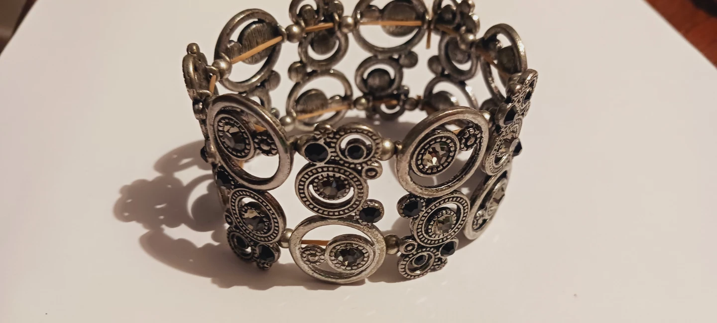 Silver Tone Stretchy Bracelet with Black and Clear Gems - photo 4
