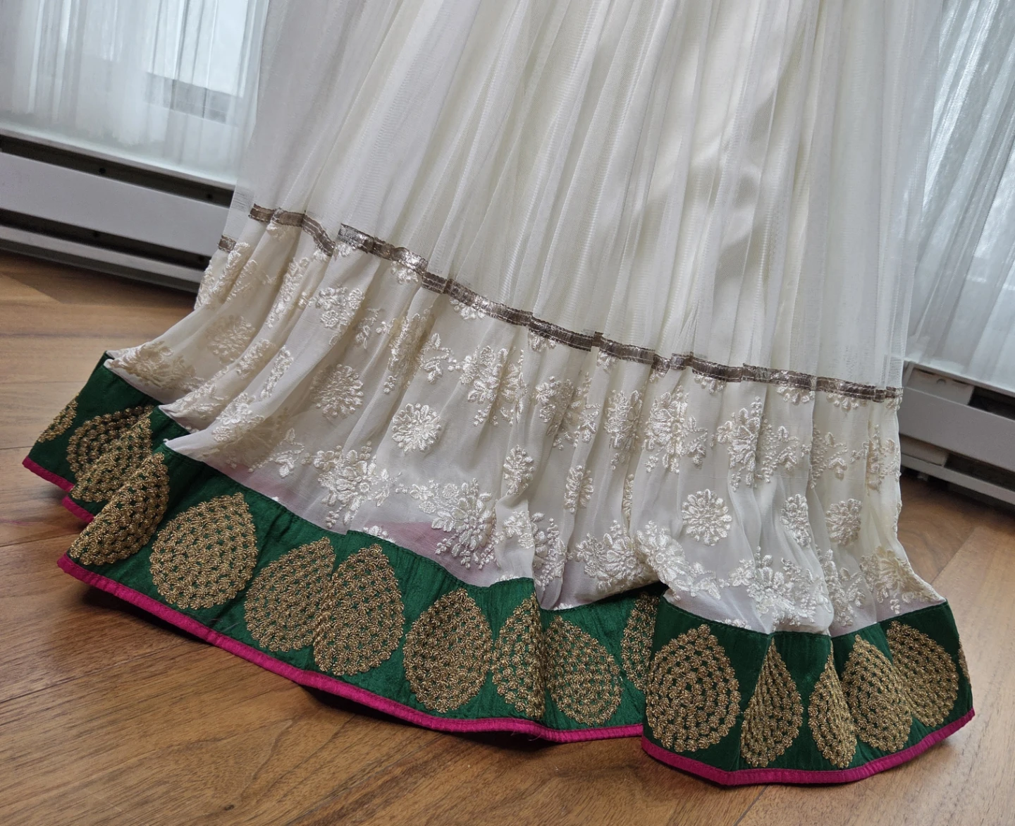 White Anarkali Dress with Green and Pink Trim - photo 2