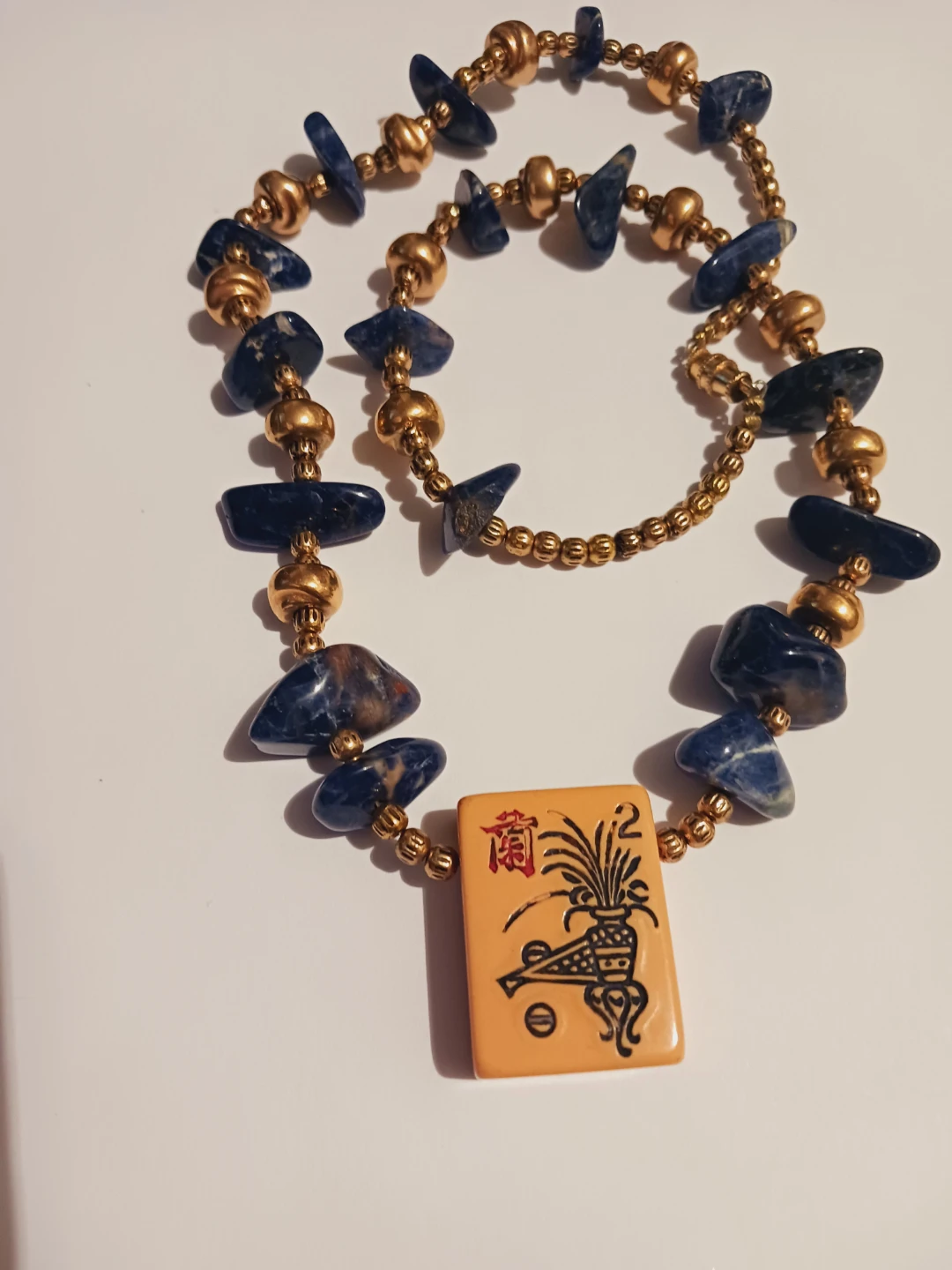 Mahjong Tile Pendant Blue Stone Beaded Necklace - photo 4