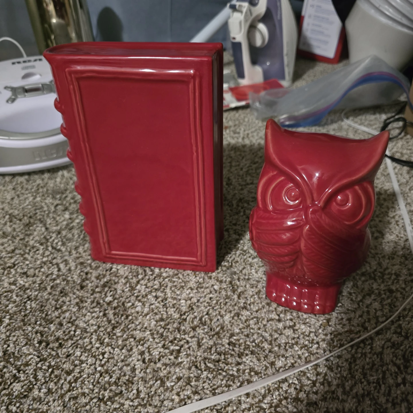 Red Ceramic Owl and Book Figurine Set