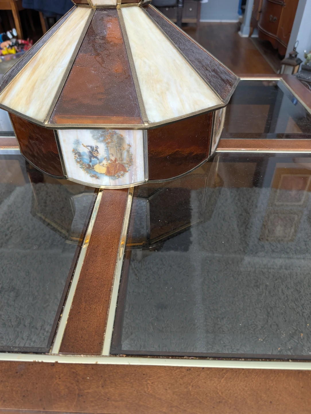 Vintage Stained Glass Lamp Shade with Scenic Panels