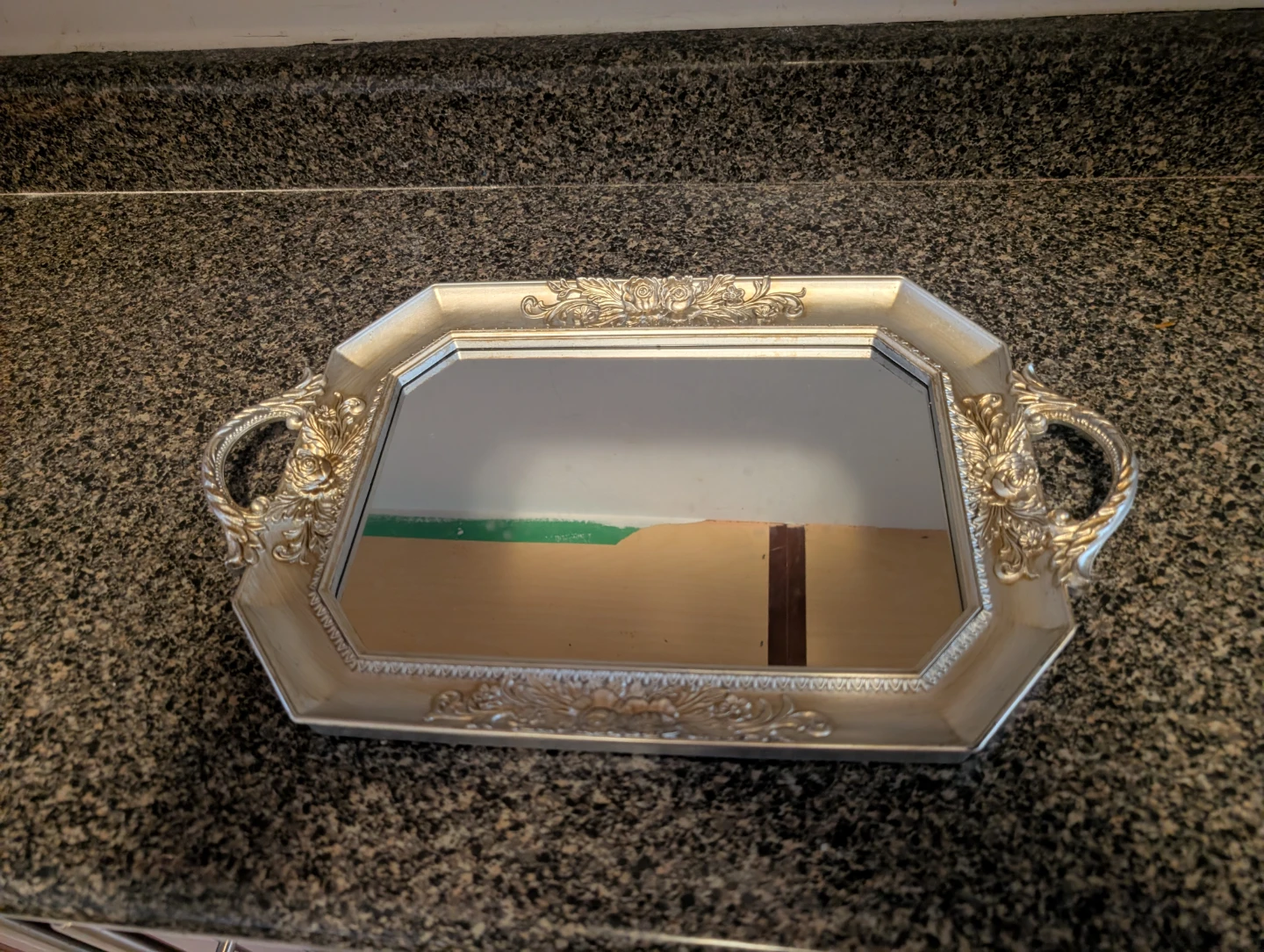 Decorative Silver Tray with Mirror and Handles
